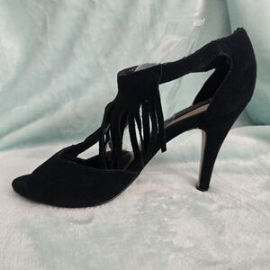 STEVEN by Steve Madden Black Suede Fringe Open Toe Heels 8.5B